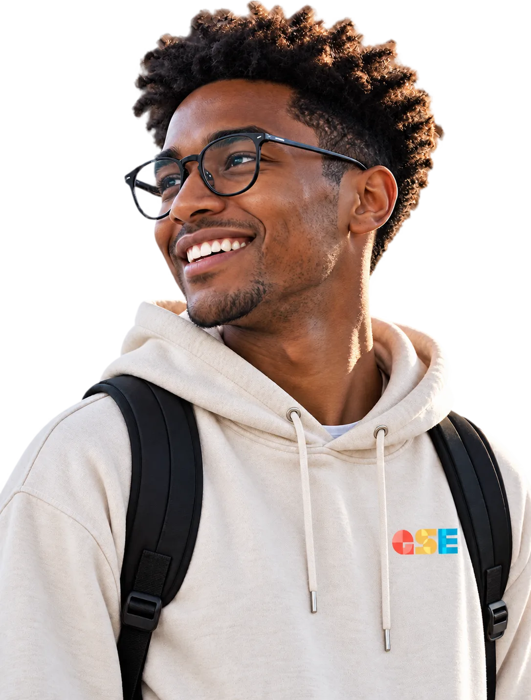 A smiling student with glasses and a backpack.