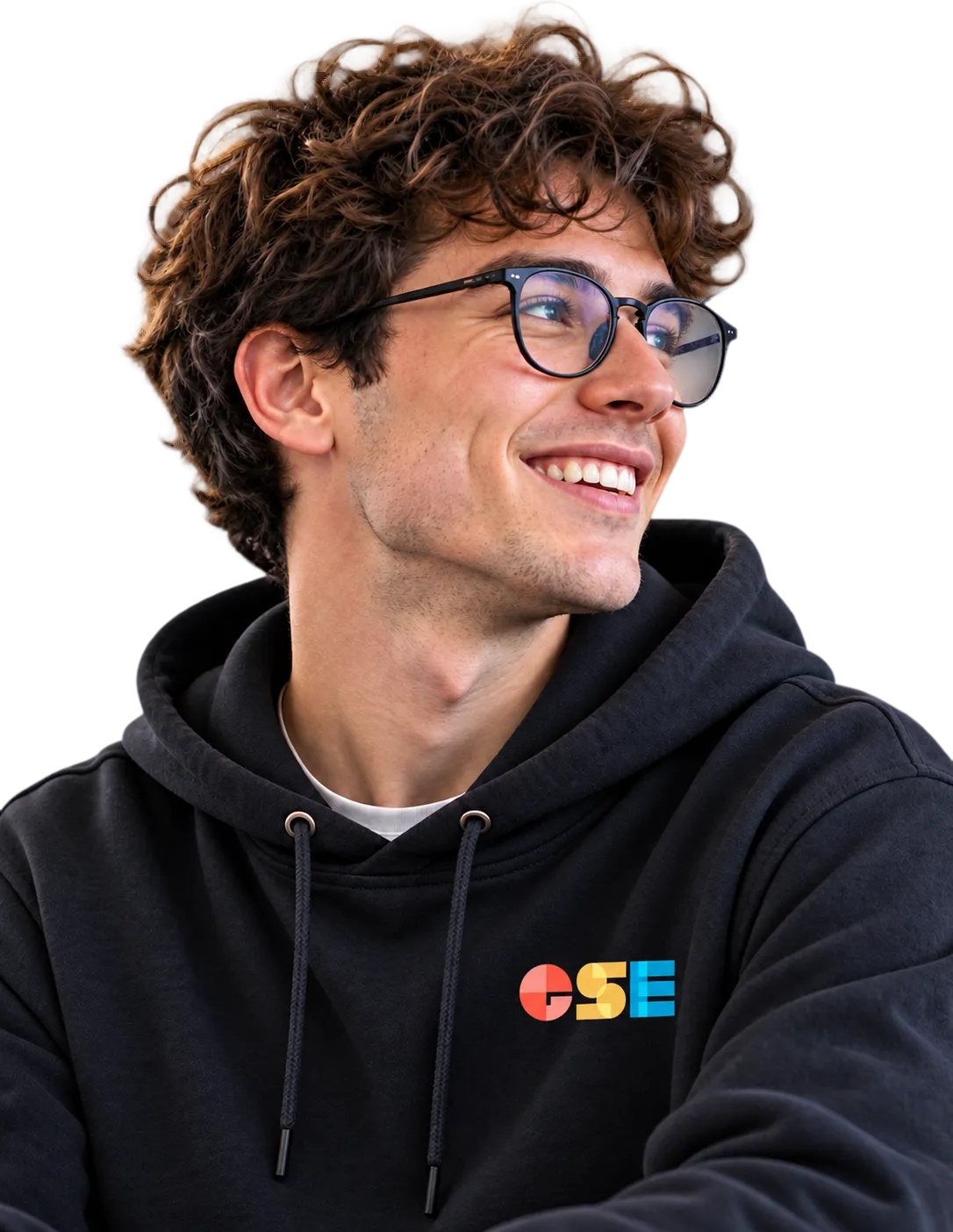 A smiling student with glasses in a GSE hoodie.