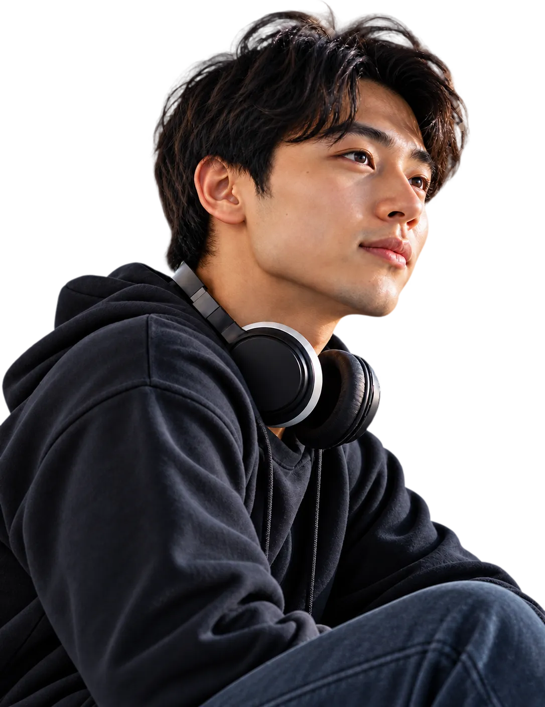 A student with headphones around his neck, looking ahead.