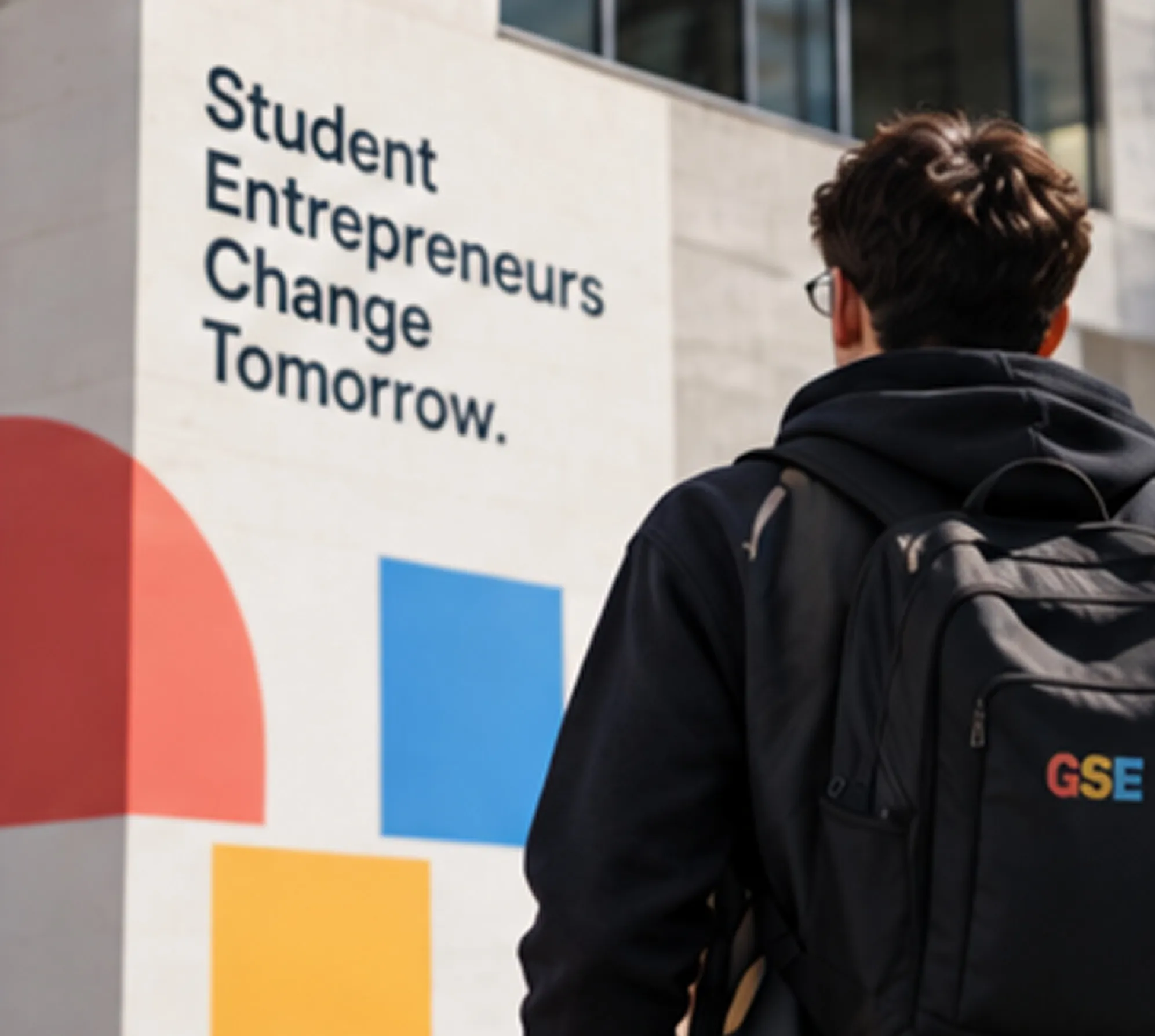 A student walking past a wall painted with GSE shapes and the words “Student Entrepreneurs Change Tomorrow”.